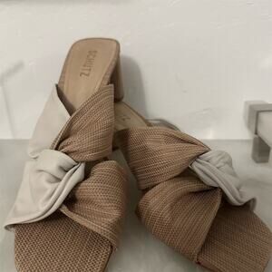Schutz Women's Knot Mules Sandals Beige Size 9.5 Block Heel Casual
